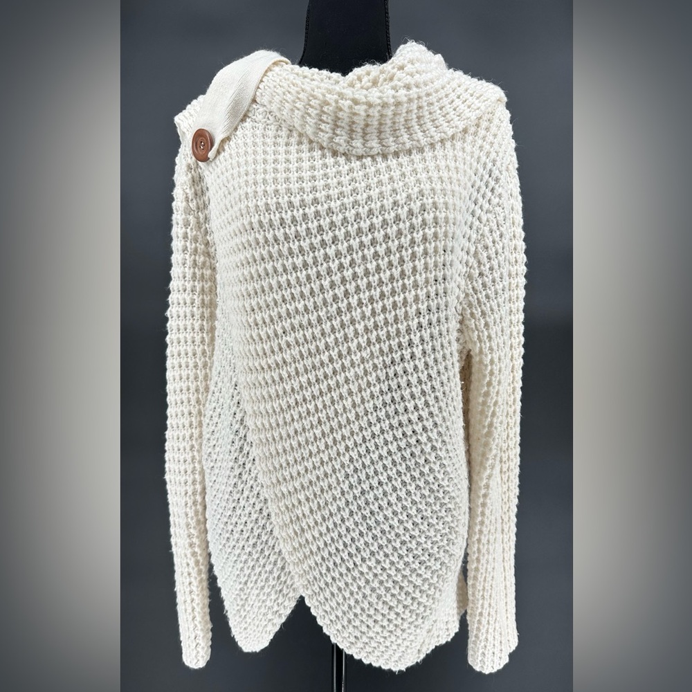 Panhandle Slim Cream Waffle Knit Cowl Sweater with Button Shoulder